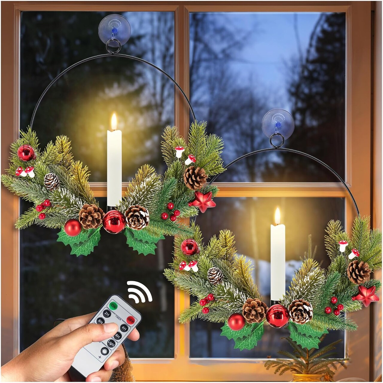 2Pack Christmas Wreaths for Front Door with LED Taper Candles, 16-inch Window Wreath Christmas with Light & Remote, Battery Operated Outdoor Winter Ornaments Christmas Decorations.